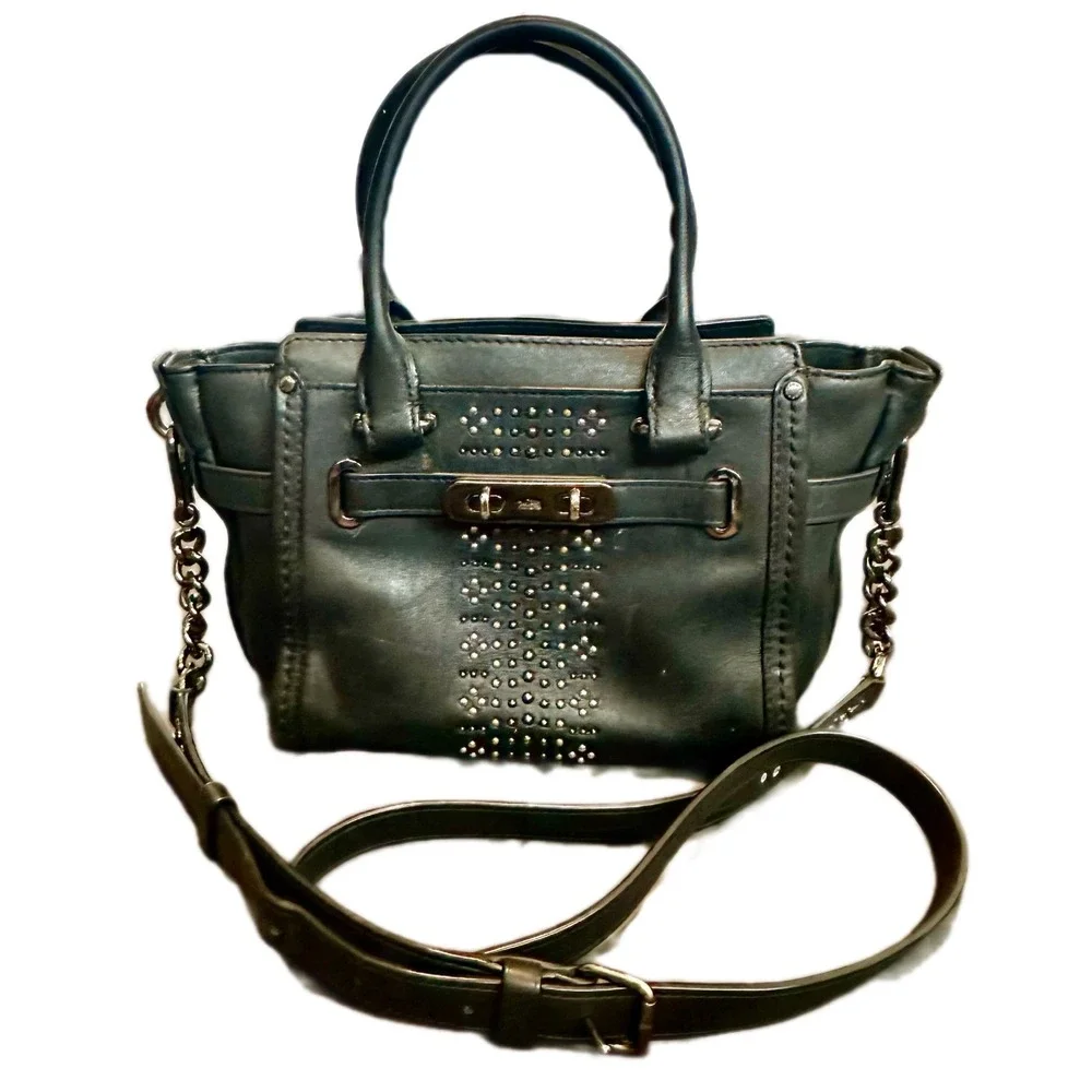 Coach Bandana Rivet Swagger 21 Black mini Leather Satchel Crossbody Bag Gunmetal - Picture 1 of 10